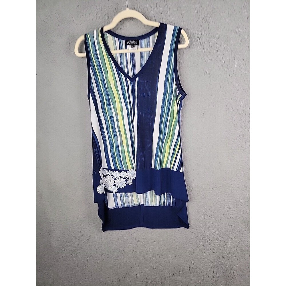 Artex Fashions Sleeveless Tunic Top Womens L Vertical Stripes V Neck Split Back